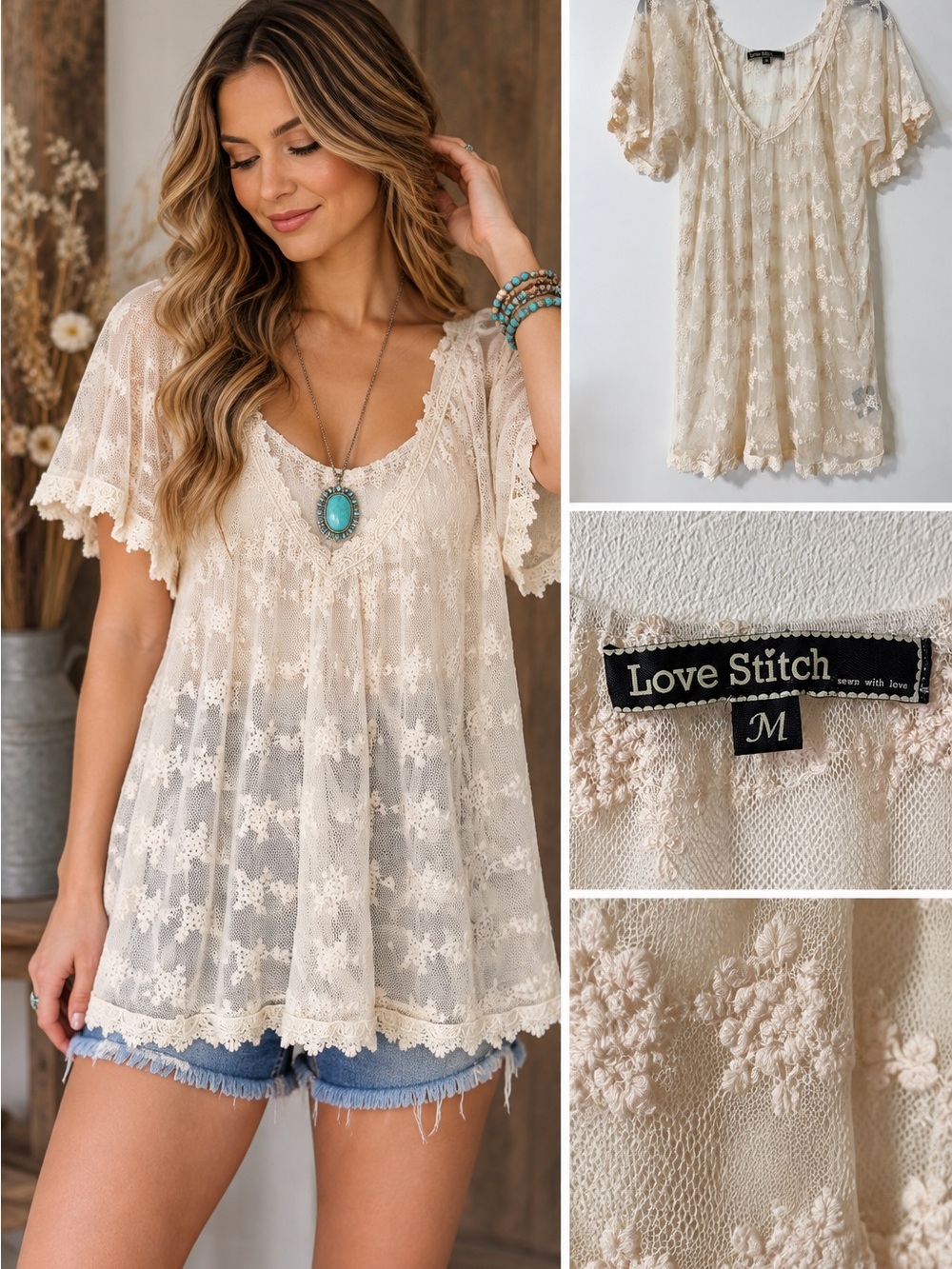 Love Stitch Ivory Floral Embroidered Sheer Lace Boho Tunic Top M
